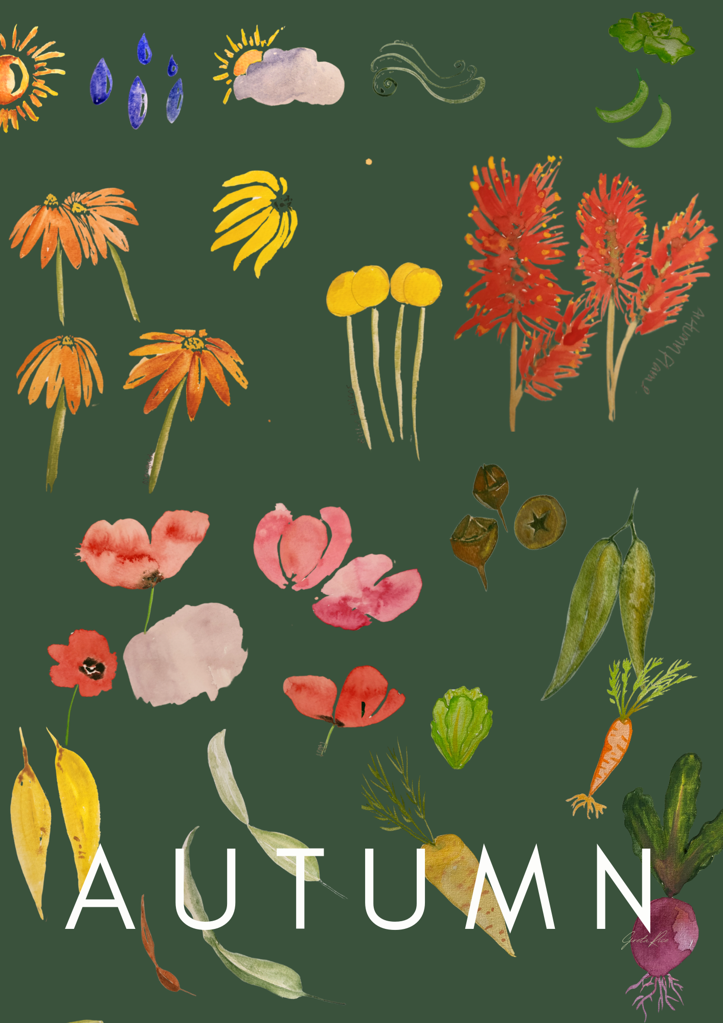 Autumn Poster - watercolour autumn florals and vegetables