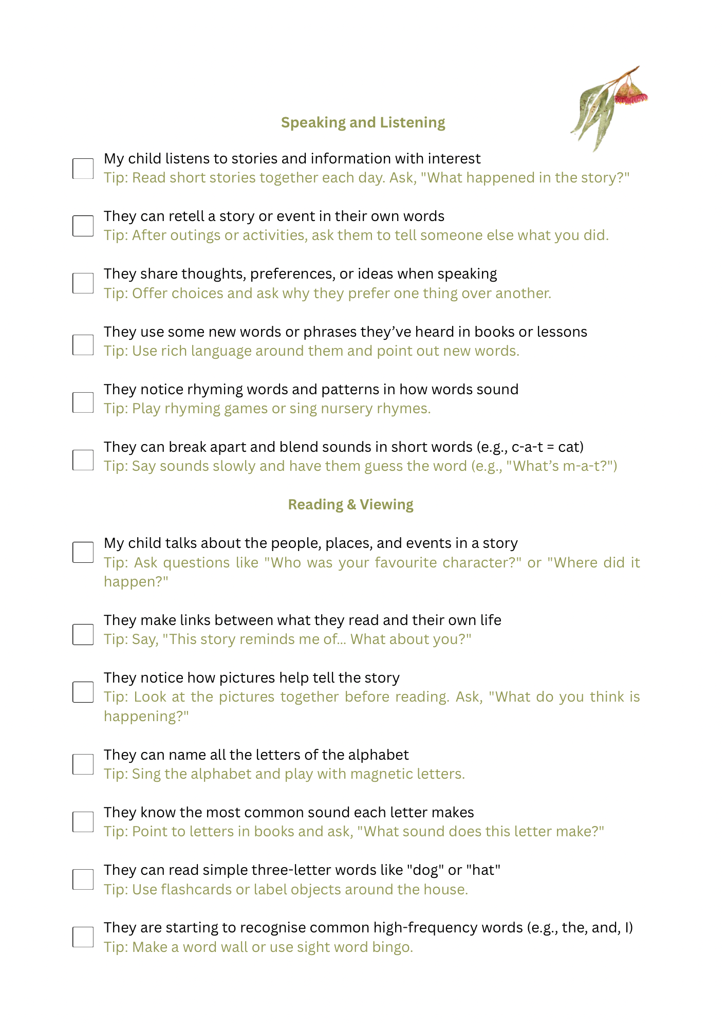 Parent Checklist: Foundation to Year 5 Maths & English